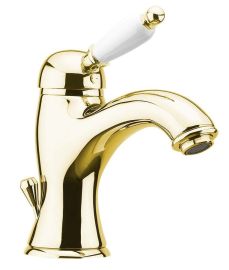 KIRKÉ mosdó csaptelep, lefolyóval, fehér karral, arany KI02BZ Sapho