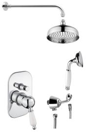 KIRKÉ falba süllyesztett csaptelep, 2-irányú váltóval, fehér kerámia karral, zuhanyszettel, fejzuhannyal, króm
