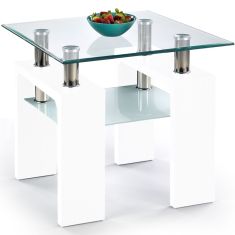DIANA üveglapos dohányzóasztal, lakkozott fehér, 60x60x55 cm HM0383