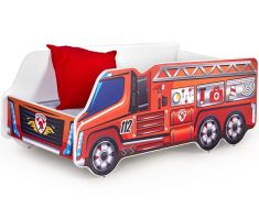 FIRE TRUCK gyerekágy matraccal, ágyráccsal, tűzoltóautó mintás, 148x74x58 cm HM0532