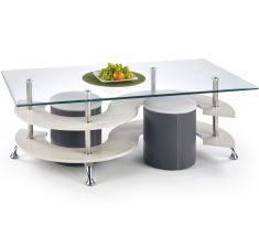 NINA üveglapos dohányzóasztal puffokkal, fehér/szürke színű, 130x70x42 cm HM0467