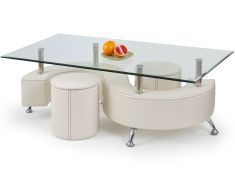NINA üveglapos dohányzóasztal puffokkal, fehér, 130x70x55 cm HM0465