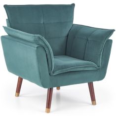 REZZO fotel, fa lábakkal, sötétzöld/sötét dió/arany színű, 80x73x84x44 cm, HM1748