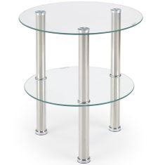 SARDINIA kerek kisasztal, átlátszó üveg/rozsdamentes acél, 45x48 cm HM0479
