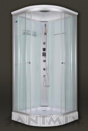 Sanimix íves hidromasszázs zuhanykabin, zuhanytálcával, 90x90x222 cm, tetővel, fehér hátfal 22.1032