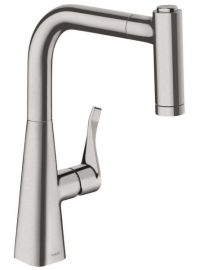 Hansgrohe Metris mosogató csaptelep kihúzható zuhanyfejjel, nemesacél felület 14834800