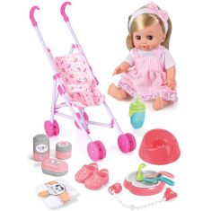 Beszélő játékbaba babakocsival és kiegészítőkkel